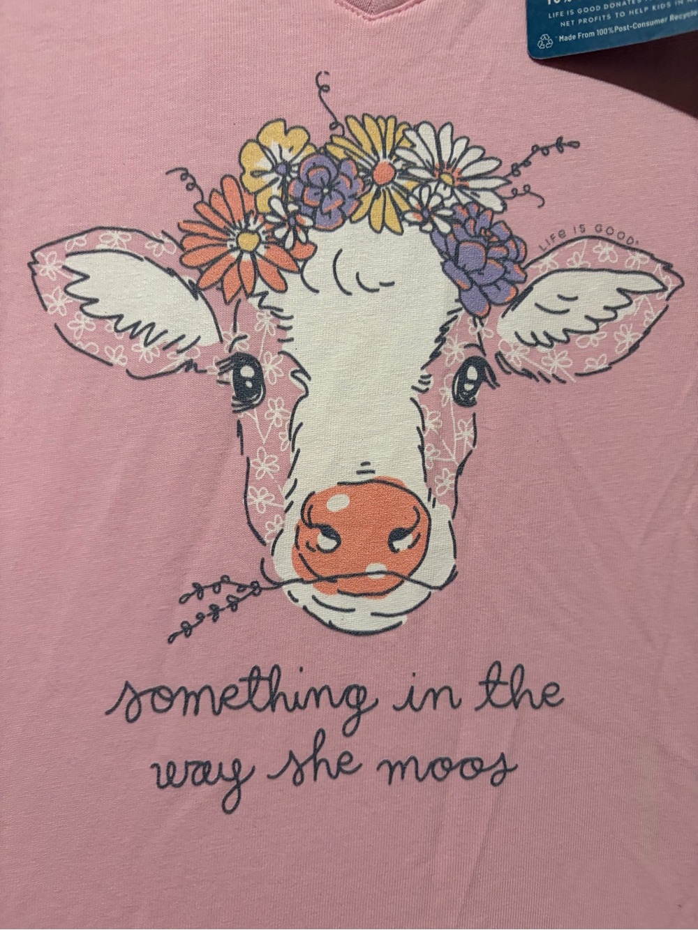 NWT: Life Is Good Pink V-Neck Tee with Floral Crown Cow - Picture 4 of 5